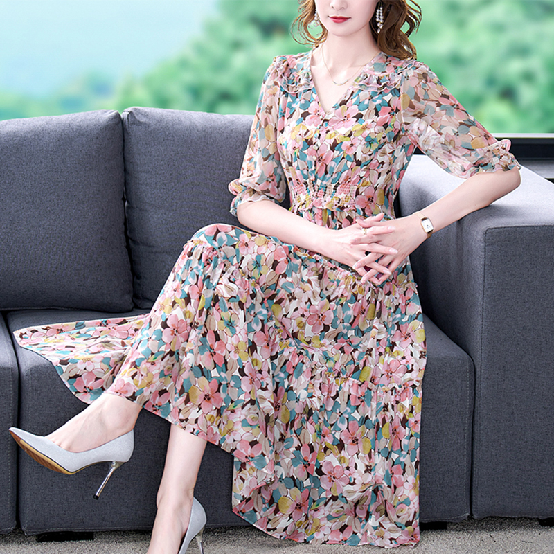 Midi Skirt Floral - Summer Floral Natural Silk V-Neck Midi