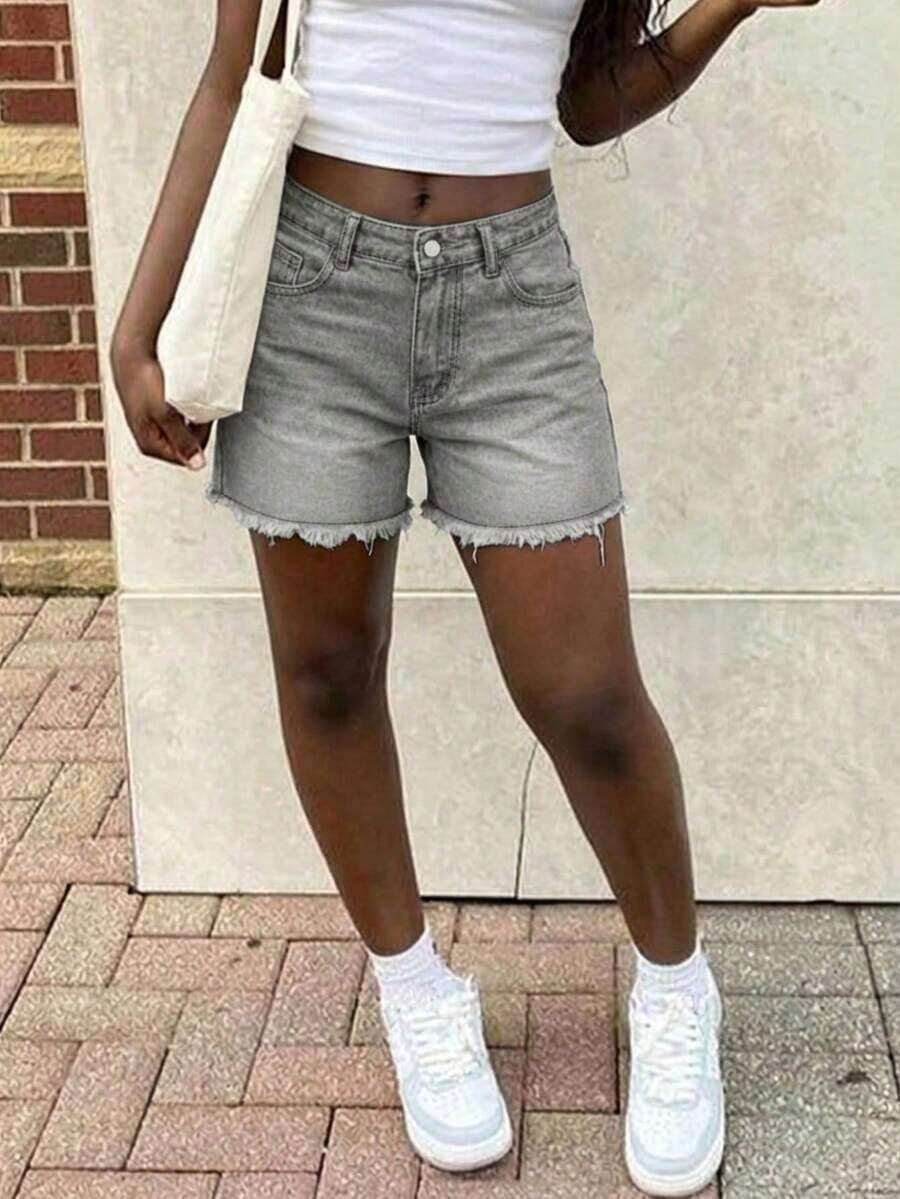 Shorts Denim Frayed - Womens High Waist Light Wash Denim