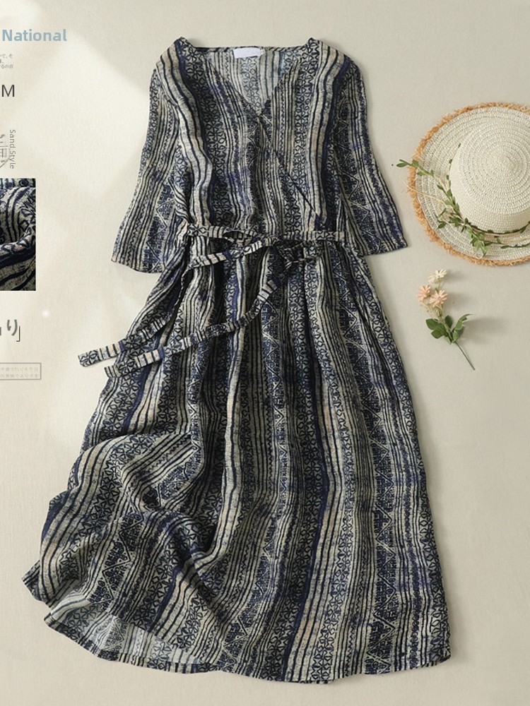 V-Neck Short Sleeve Midi Dress - Linen Dress Wrap のレビューと価格