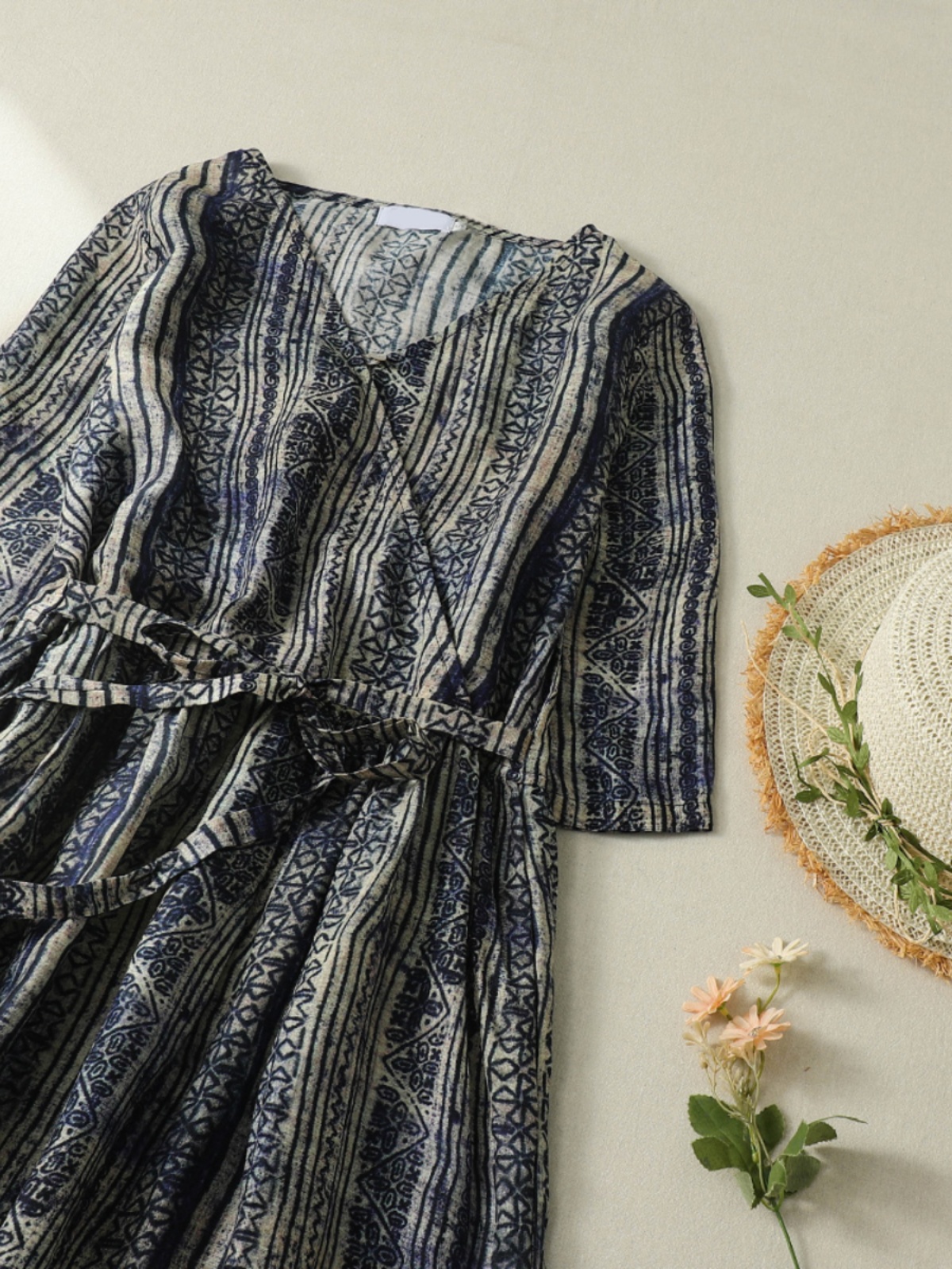 V-Neck Short Sleeve Midi Dress - Linen Dress Wrap のレビューと価格