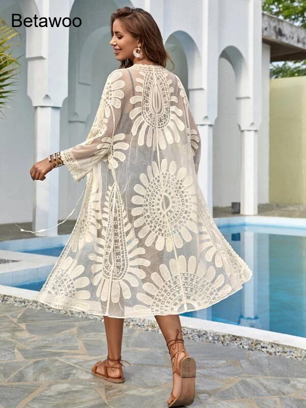 Women White Boho Floral Hollow - Kimono Sheer Floral のレビューと価格