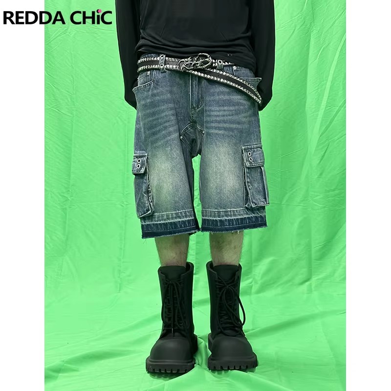 REDDACHIC Men Big Pockets Whis - Shorts Denim Frayed のレビューと価格