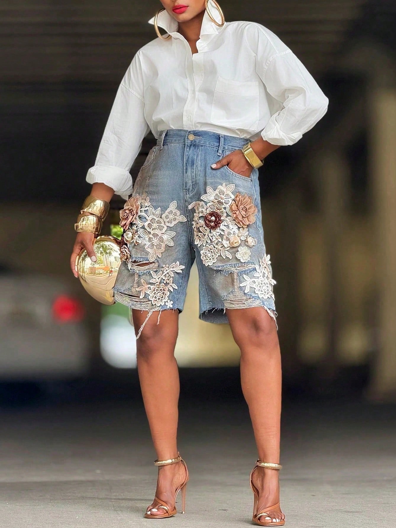 GLOURI Women 3D Floral Appliqu - Shorts Denim Frayed のレビューと価格