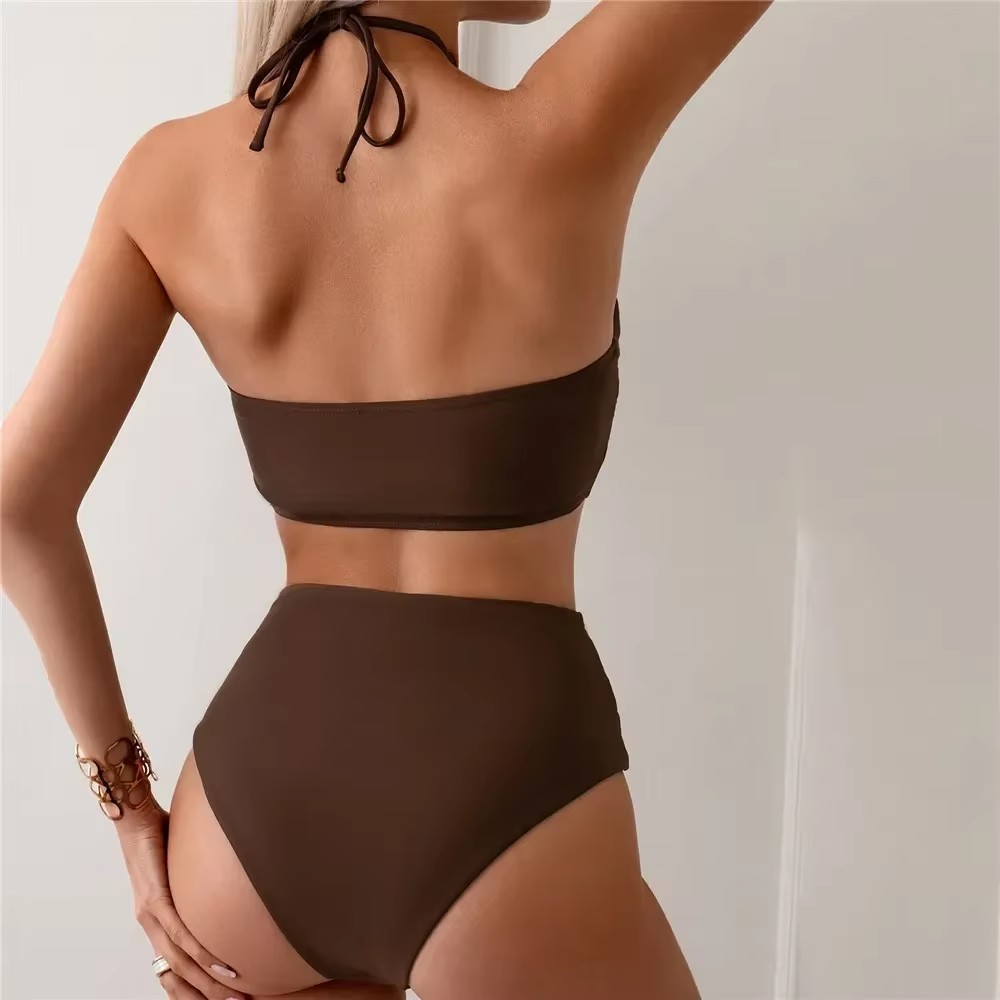 Dark Brown Solid Swimwears Hal - Swimsuit Bikini Ruched のレビューと価格