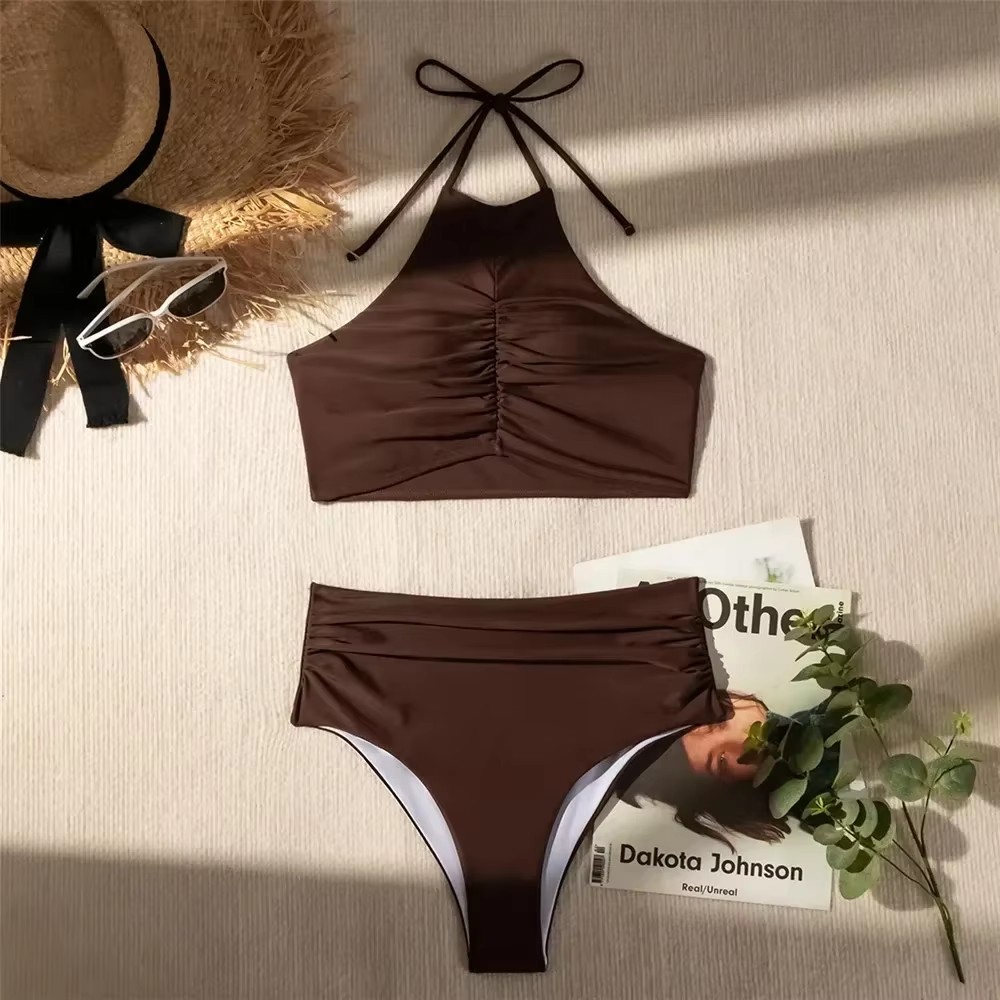 Dark Brown Solid Swimwears Hal - Swimsuit Bikini Ruched のレビューと価格