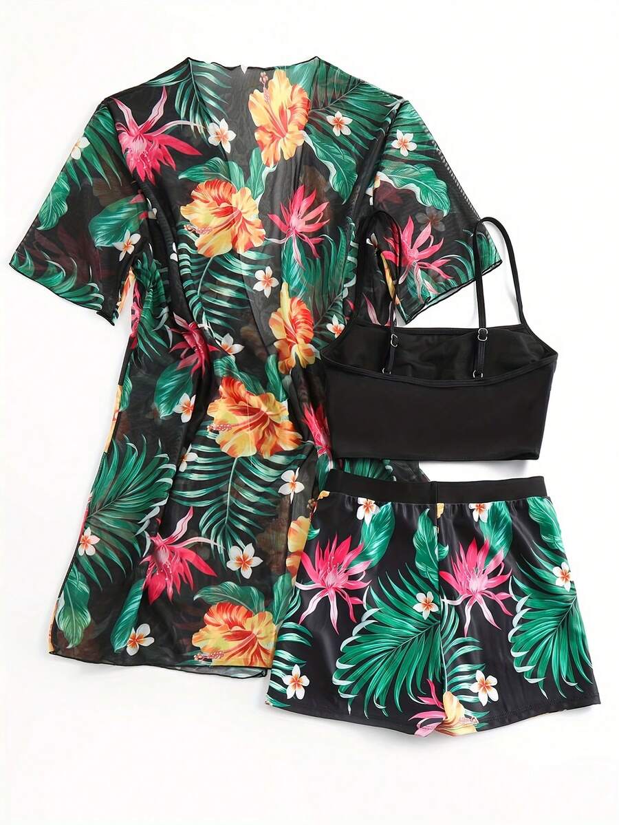Floral Print 3-Piece Swim Set: - Kimono Sheer Floral のレビューと価格