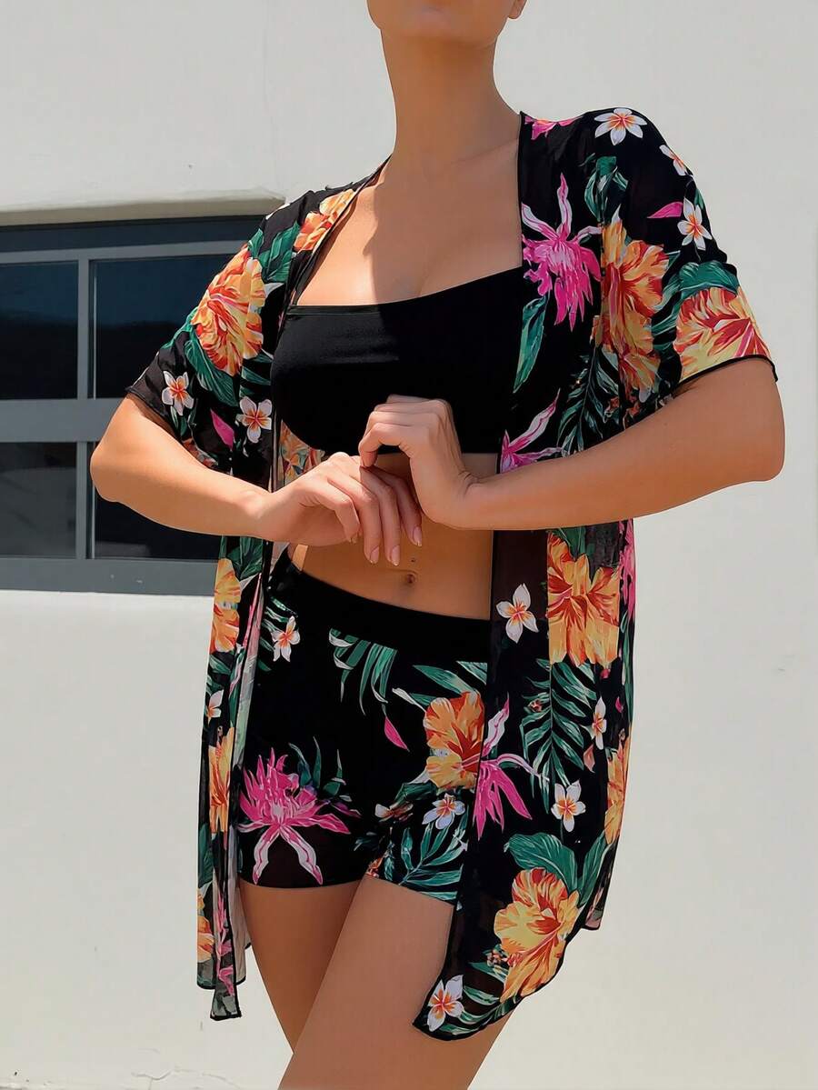 Floral Print 3-Piece Swim Set: - Kimono Sheer Floral のレビューと価格