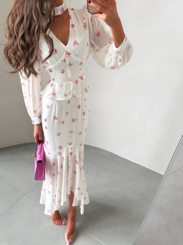 Women White Pink Floral Choker - Midi Skirt Floral のレビューと価格