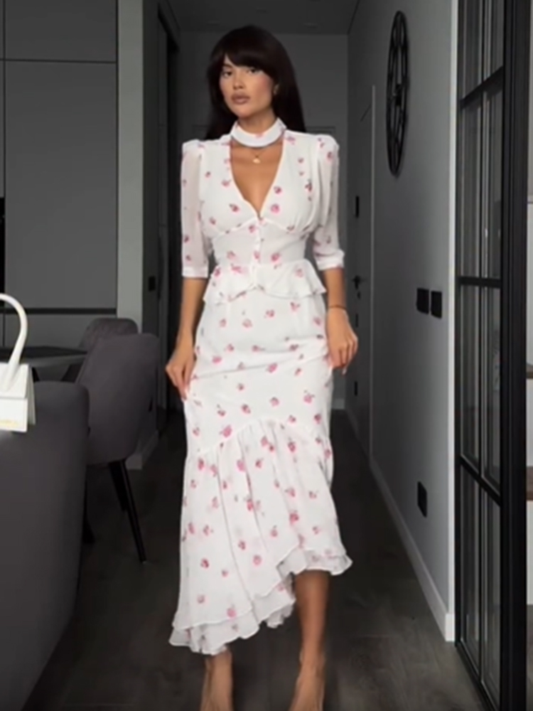 Women White Pink Floral Choker - Midi Skirt Floral のレビューと価格