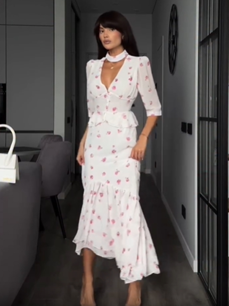 Women White Pink Floral Choker - Midi Skirt Floral のレビューと価格