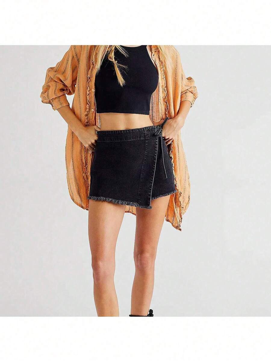 Women Denim Wrap Skort High Wa - Shorts Denim Frayed のレビューと価格