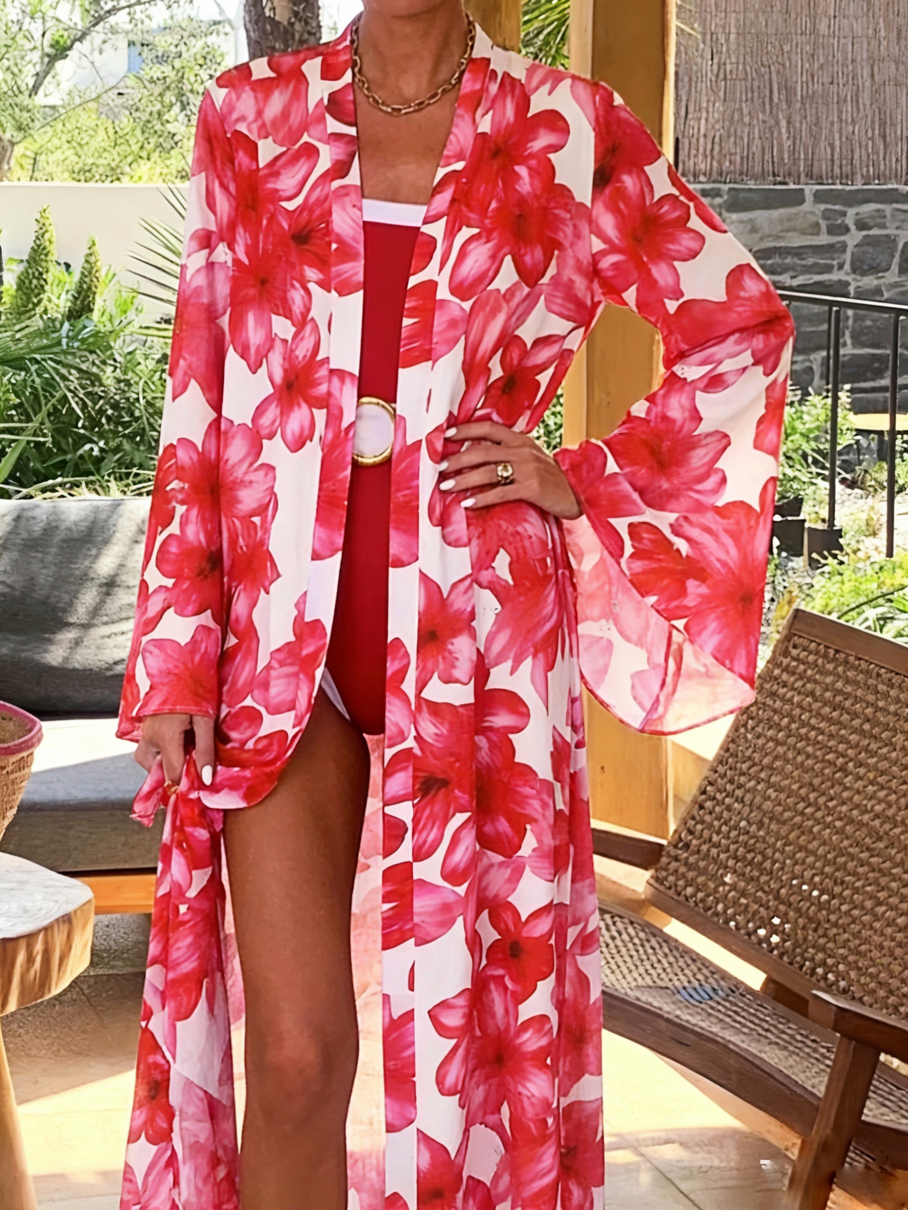 Women's Red Floral Kimono Robe - Kimono Sheer Floral のレビューと価格
