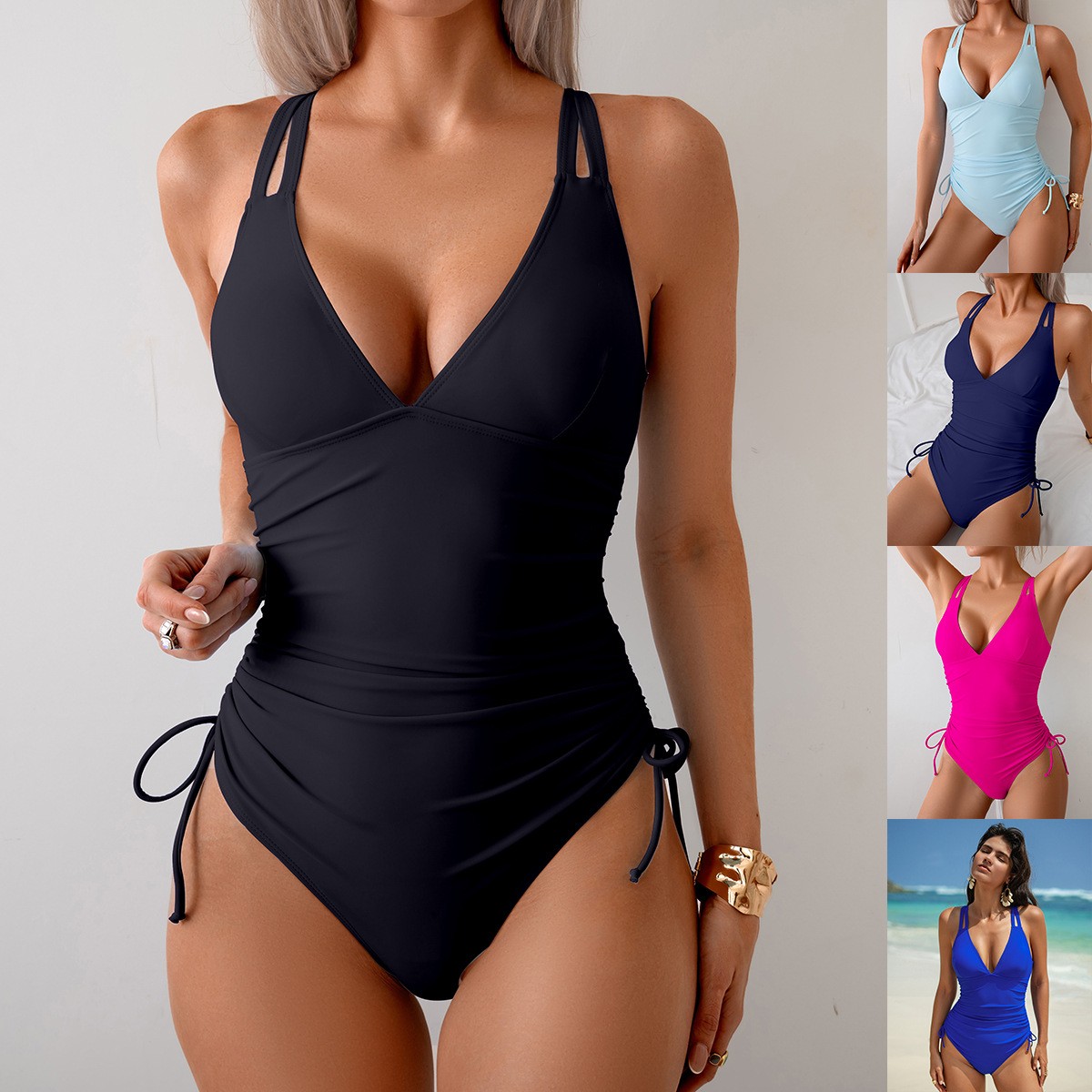 Solid Black Swimsuit V Neck Ru - Swimsuit Bikini Ruched のレビューと価格