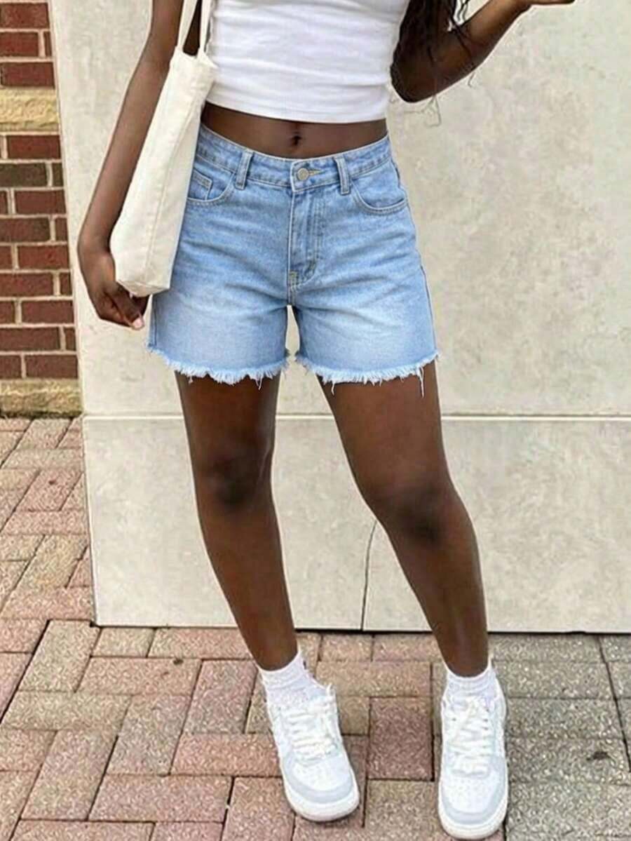 Womens High Waist Light Wash D - Shorts Denim Frayed のレビューと価格