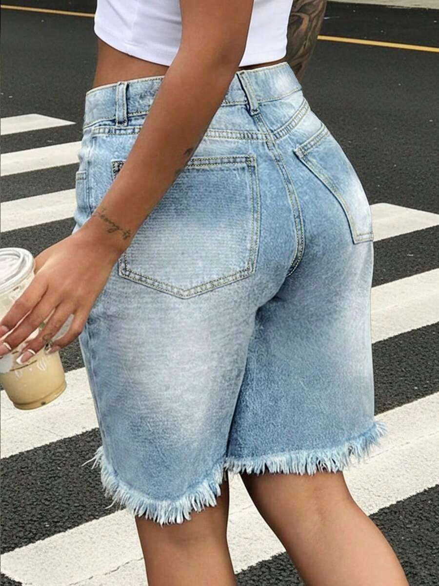 Womens Light Wash Denim Bermud - Shorts Denim Frayed のレビューと価格