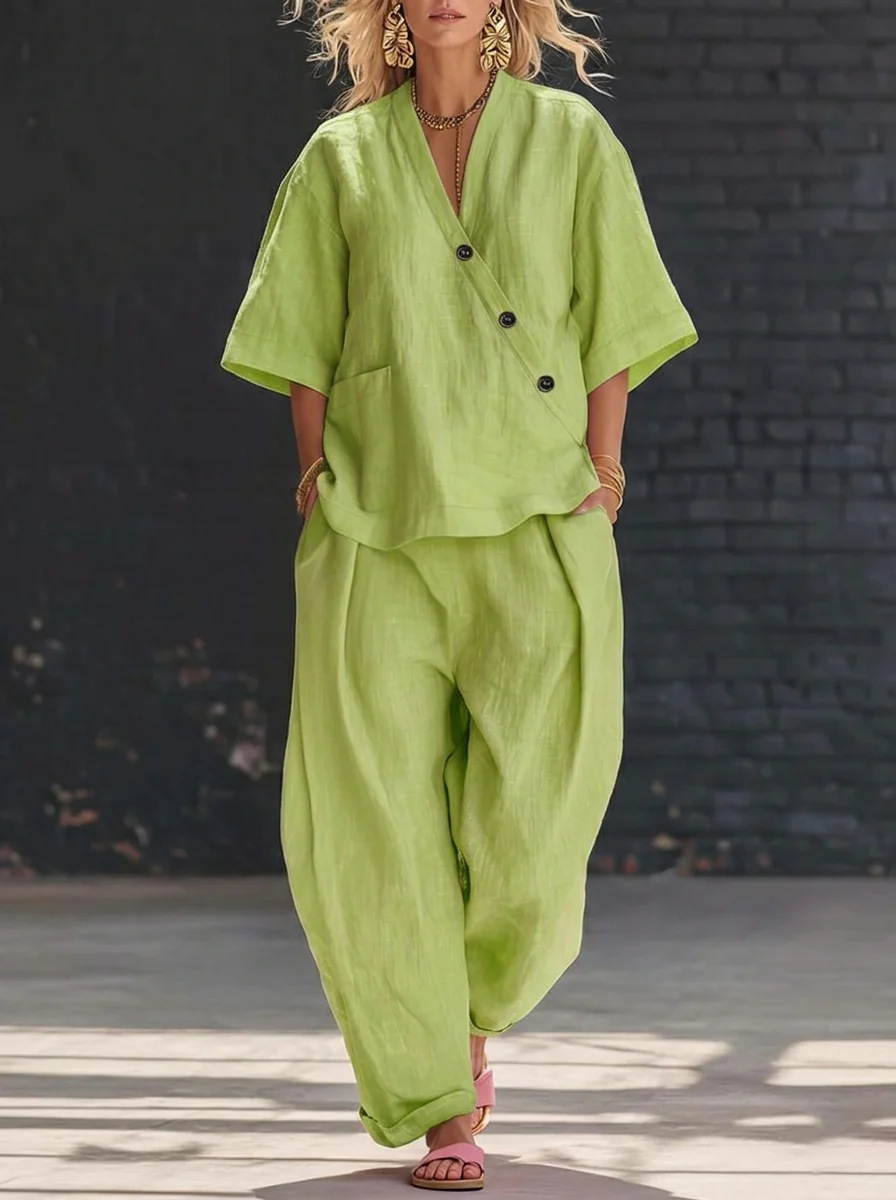 Women’s Two Piece Set Loose V  - Linen Pant Wide のレビューと価格
