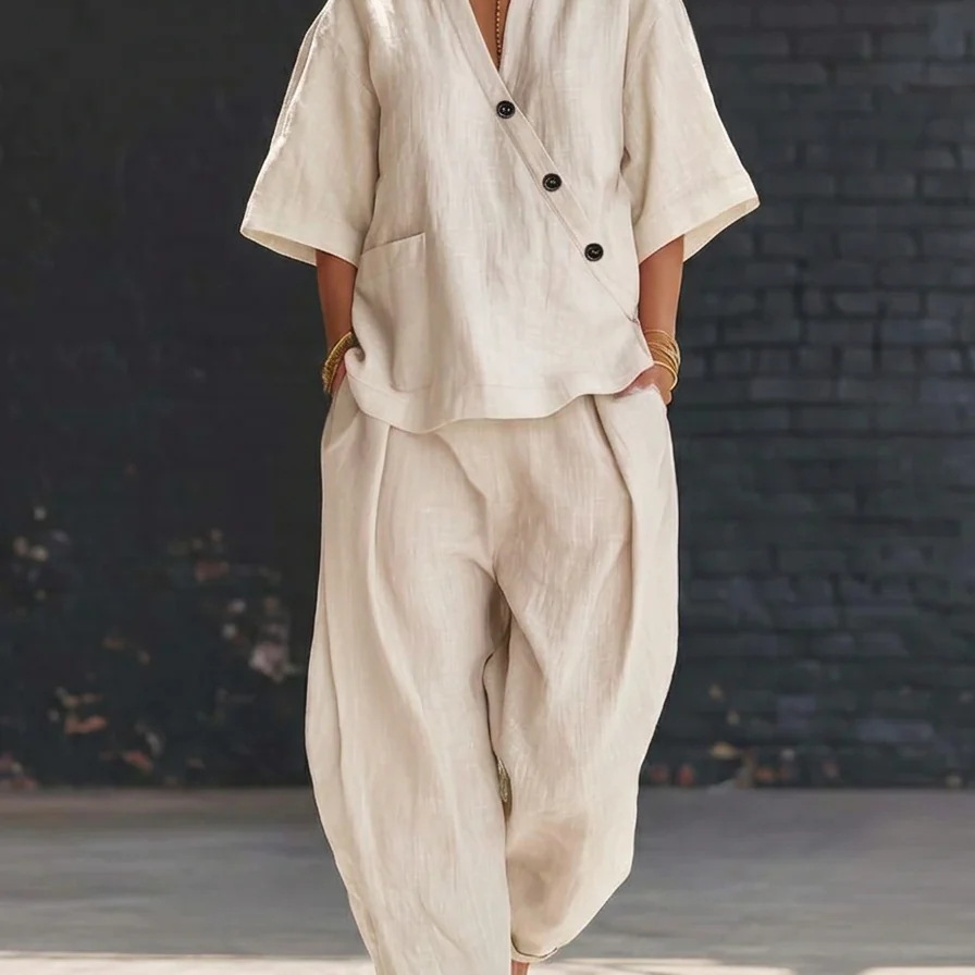Women’s Two Piece Set Loose V  - Linen Pant Wide のレビューと価格