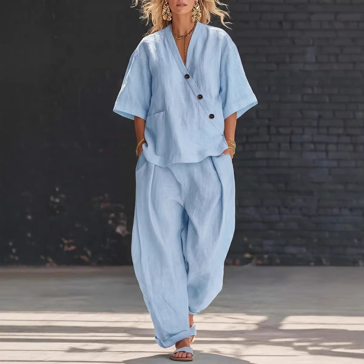 Women’s Two Piece Set Loose V  - Linen Pant Wide のレビューと価格