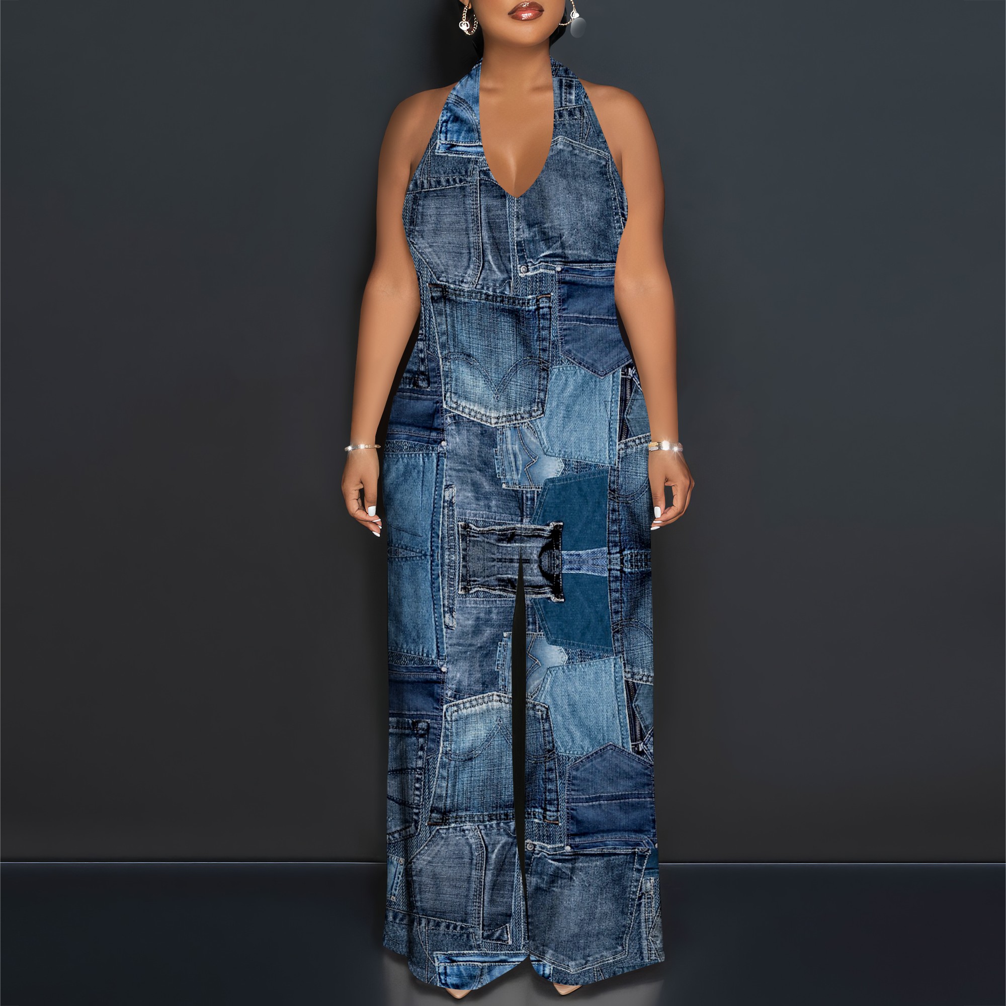 Denim Patchwork Halter V-Neck  - Maxi Dress Halter のレビューと価格