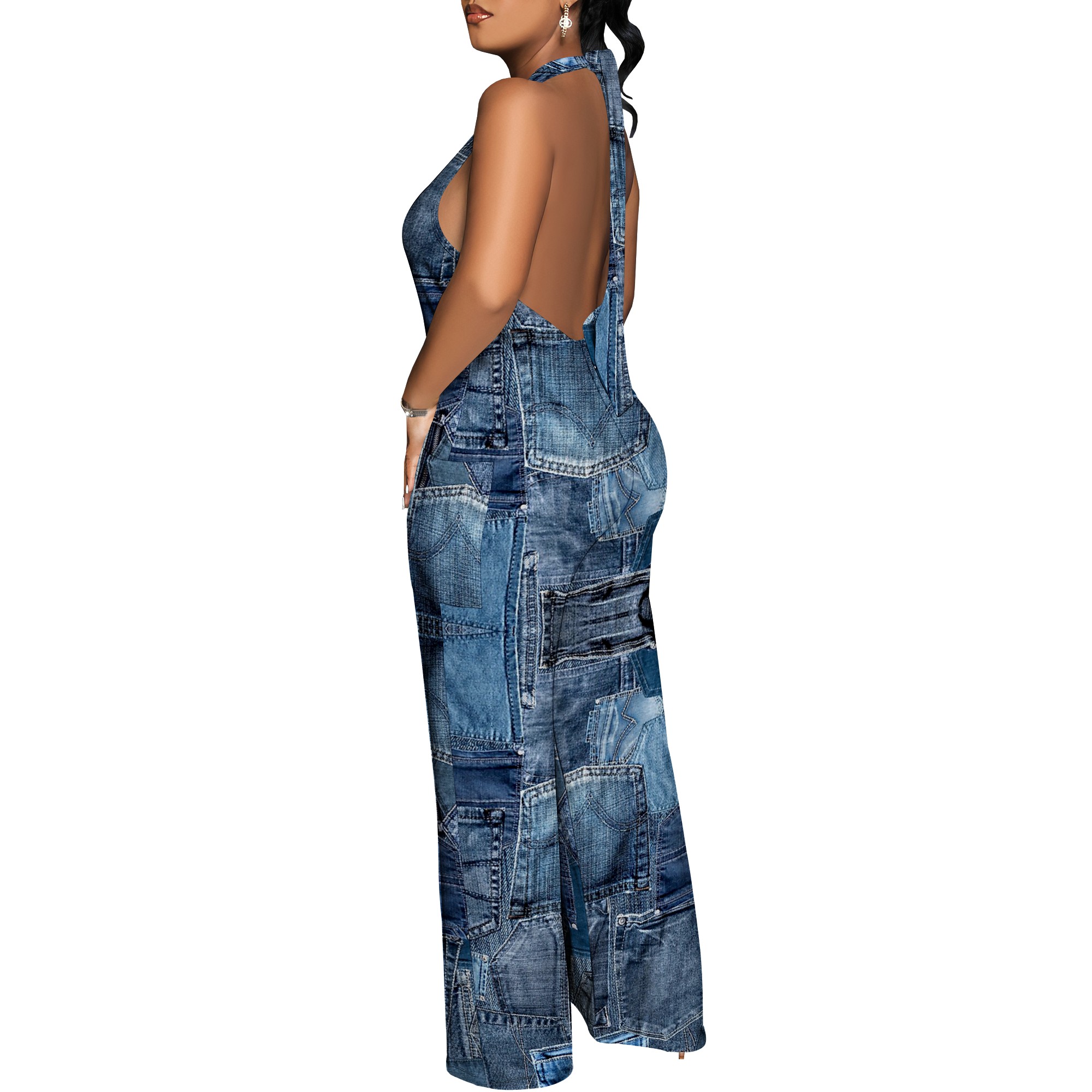 Denim Patchwork Halter V-Neck  - Maxi Dress Halter のレビューと価格
