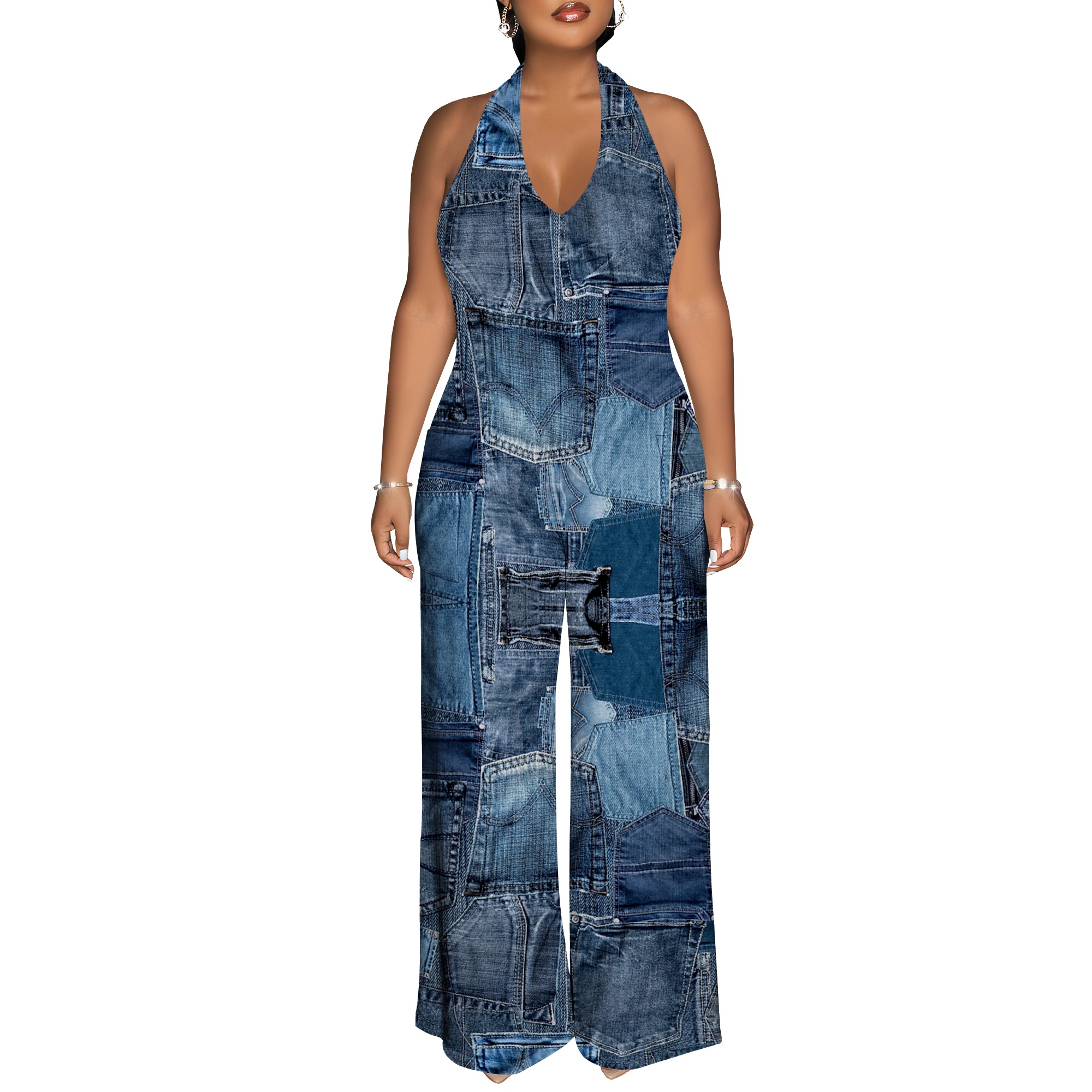 Denim Patchwork Halter V-Neck  - Maxi Dress Halter のレビューと価格