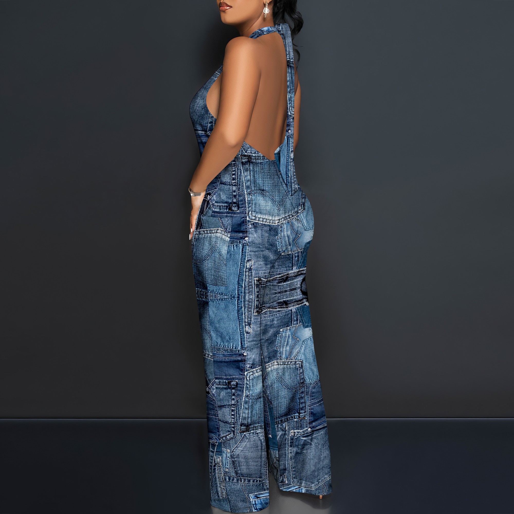 Denim Patchwork Halter V-Neck  - Maxi Dress Halter のレビューと価格